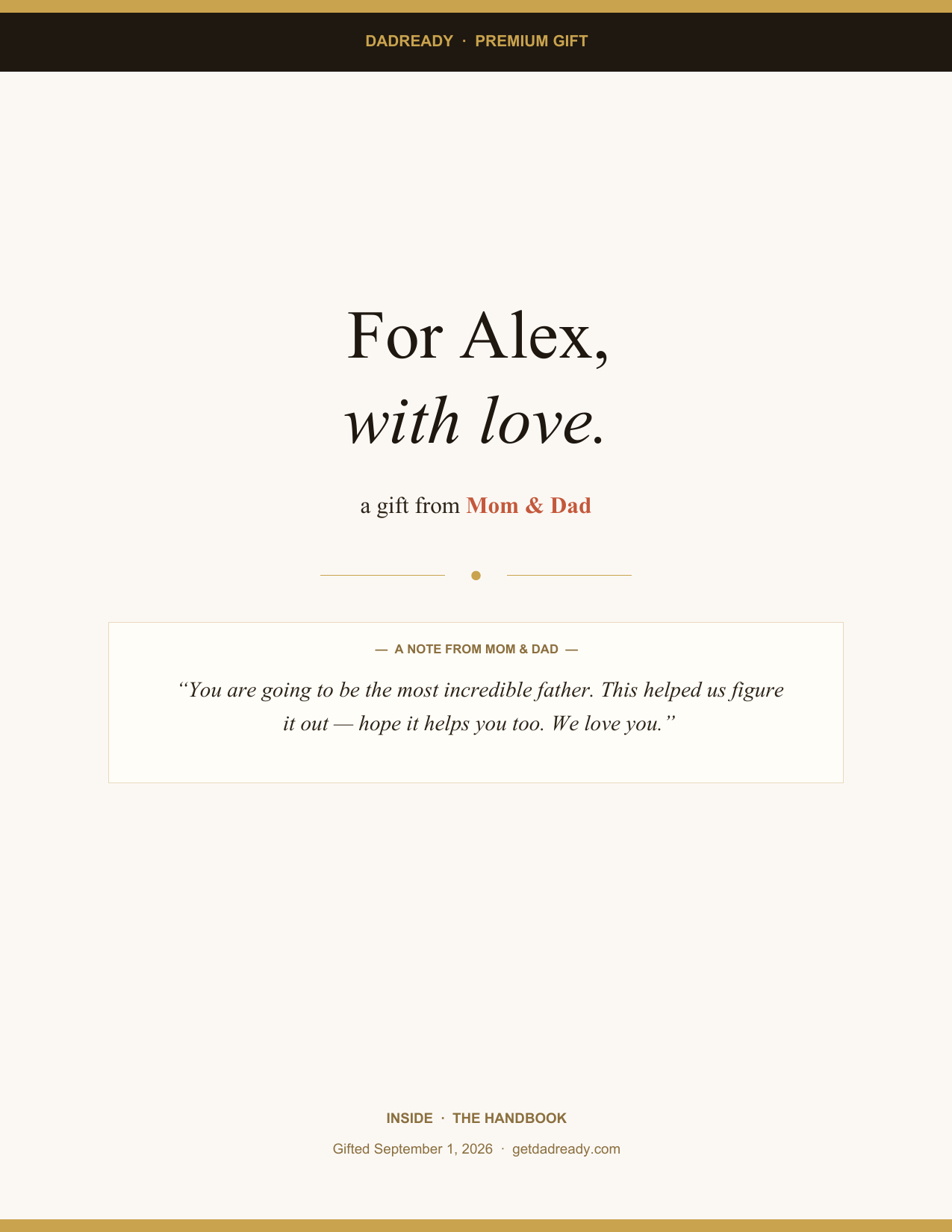 Sample personalized cover page with recipient's name and gift-giver's note
